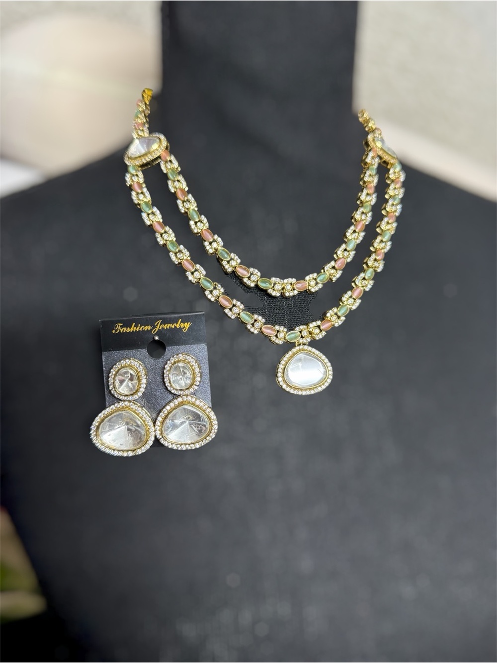 Tyaani kundan Jewelry Gold-Tone Multicolor Stone Necklace with Matching Earrings